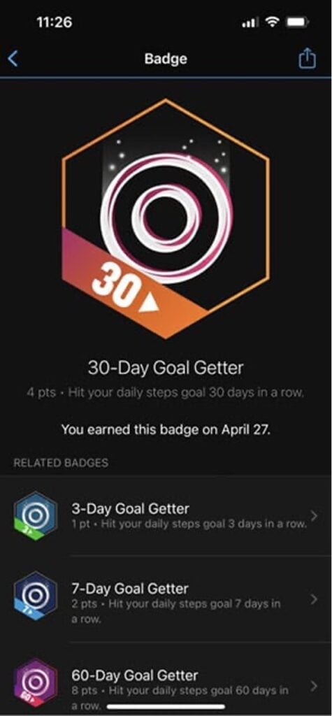 Badge screen with 30-Day Goal Getter badge.