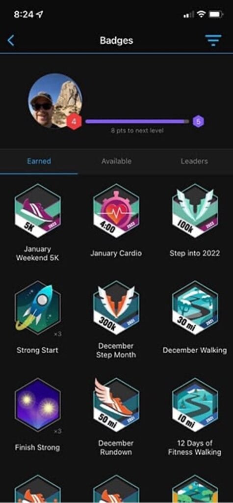 Badge screen with list of badges earned.