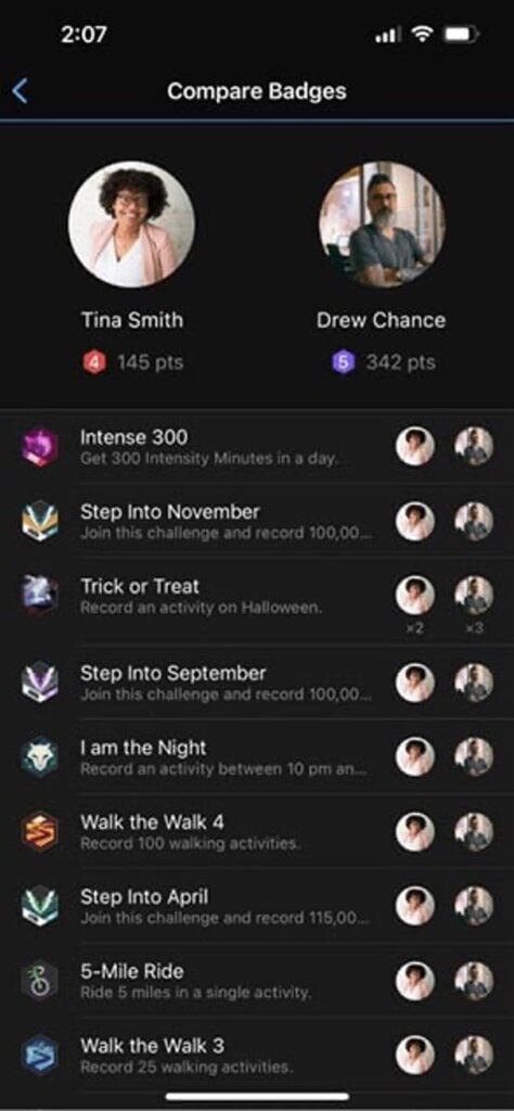 Compare badges screen.