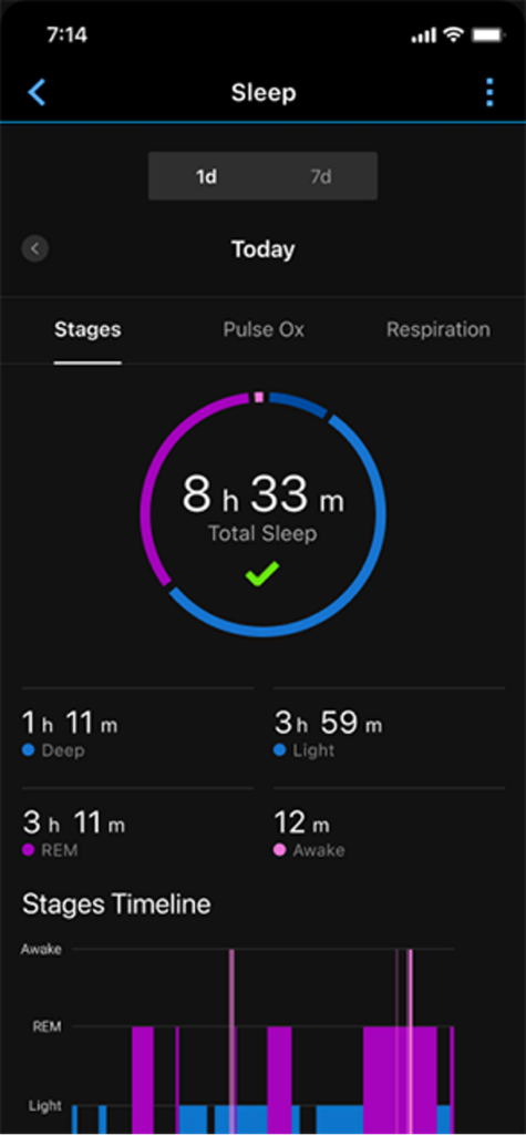 Sleep screen with total sleep data.