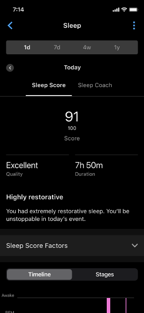 Sleep screen with sleep score.
