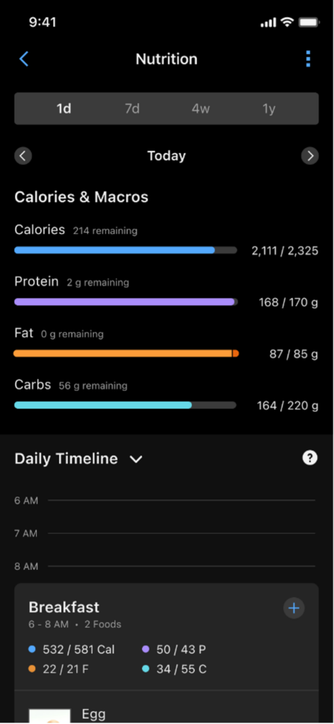 Nutrition screen with calories and macros.