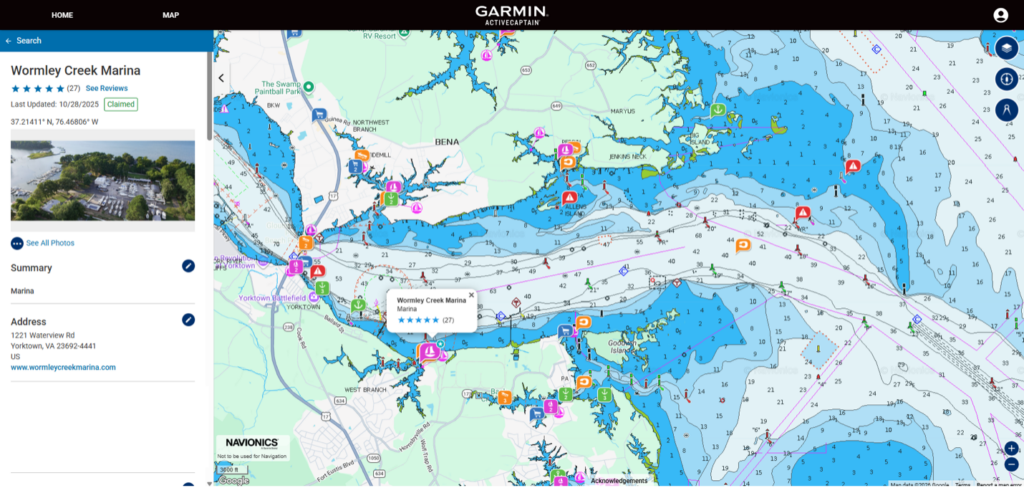 ActiveCaptain map depicting Wormley Creek Marina.