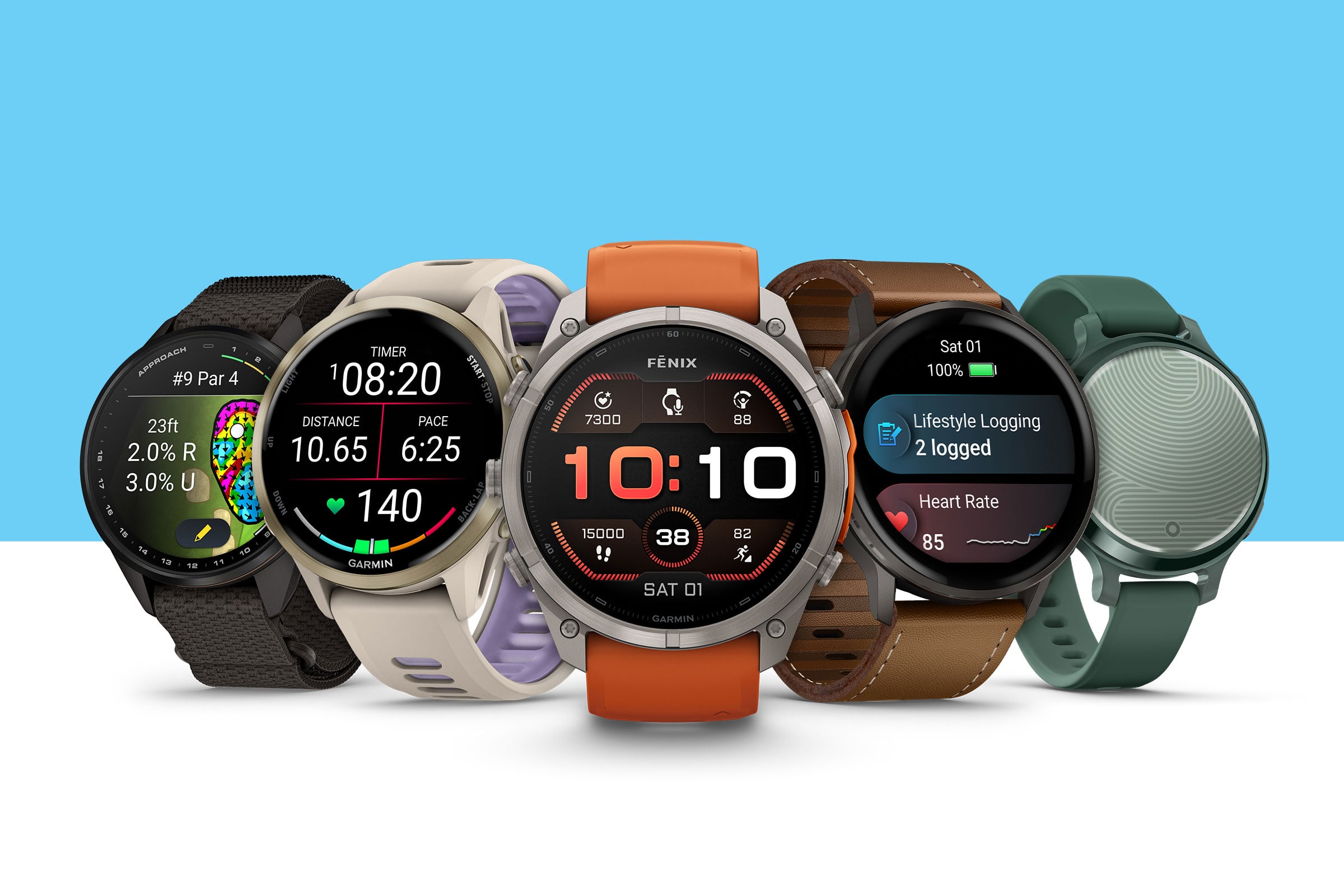 The following Garmin watches are depicted from left to right on a blue background: Approach S72, Forerunner 970, fēnix 9 Pro, Venu 4 and Lily 2 Active.